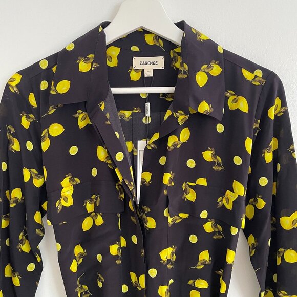 L'Agence Lemon Print Cameron Long Maxi Shirt Dress Silk Sz XS - Picture 5 of 8